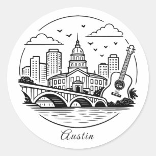 Pegatina Redonda Ilustración de Austin con línea negra