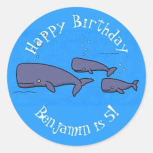 Pegatina Redonda Ilustracion de ballenas personalizados migratorias