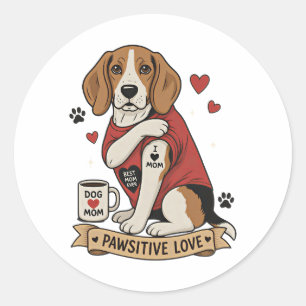 Pegatina Redonda Ilustración de Beagle con Tatuaje I Heart Mamá