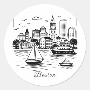 Pegatina Redonda Ilustración de Boston con línea negra