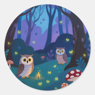 Pegatina Redonda Ilustración de Búhos del Bosque Nocturno