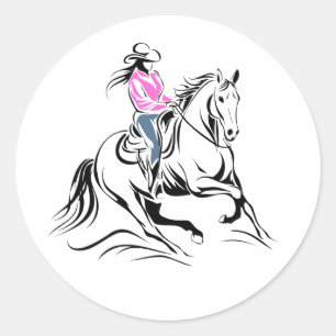 Pegatina Redonda Ilustración de caballo de montar vaquera occidenta