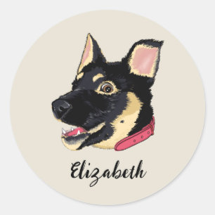 Pegatina Redonda Ilustración de cachorro GSD Monograma Regalo para