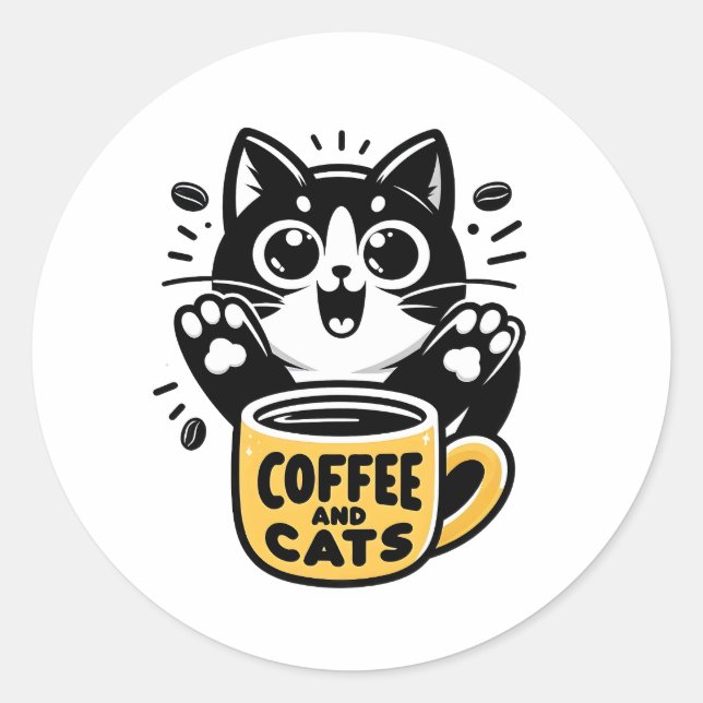 Pegatina Redonda Ilustración de Café Gato Negro (Anverso)