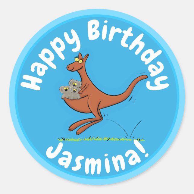 Pegatina Redonda Ilustracion de canguro y personalizado de koalas (Anverso)