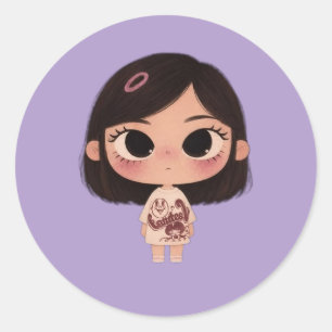 Pegatina Redonda Ilustración de chica chibi linda en botón redondo