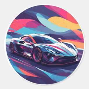Pegatina Redonda Ilustración de coche deportivo futurista dinámico