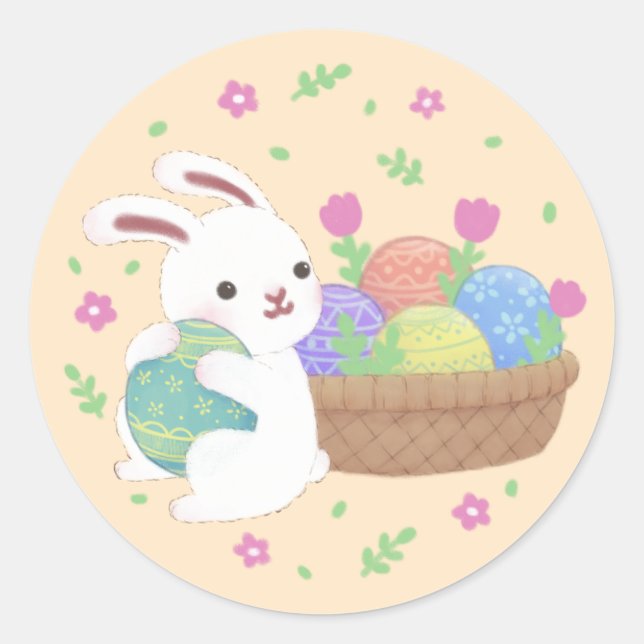 Pegatina Redonda Ilustracion de conejo de Pascua (Anverso)