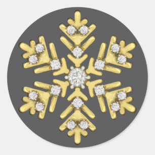 Pegatina Redonda ilustracion de copos de nieve de diamante dorado