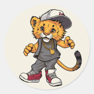 Pegatina Redonda Ilustracion de Cubo de León Hip-Hop