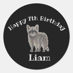 Pegatina Redonda Ilustracion de cumpleaños de Raccoon original muy 