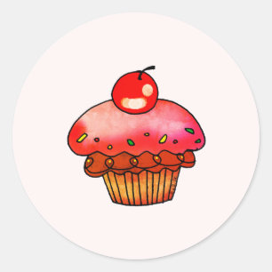 Pegatina Redonda Ilustración de Cupcake de Cereza Rosa Adorable Art