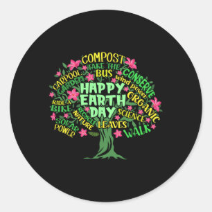 Pegatina Redonda Ilustracion de dibujo del árbol Happy Earth Day