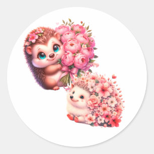 Pegatina Redonda Ilustración de erizo floral romántico lindo dúo
