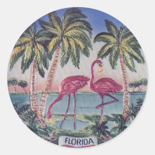 Pegatina Redonda Ilustracion de flamencos retro vintage de Florida