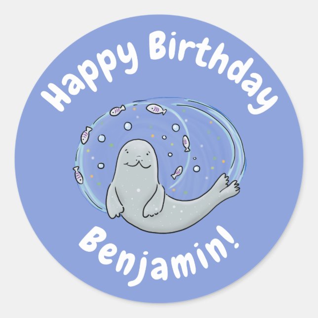 Pegatina Redonda Ilustracion de foca feliz y personalizado azul de  (Anverso)