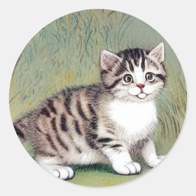 Pegatina Redonda Ilustracion de gatito vintage a rayas (Anverso)
