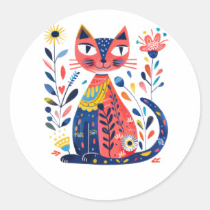 Pegatina Redonda Ilustracion De Gato De Arte Popular Colorido Con Á