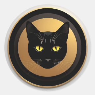 Pegatina Redonda Ilustración de gato negro en círculo dorado