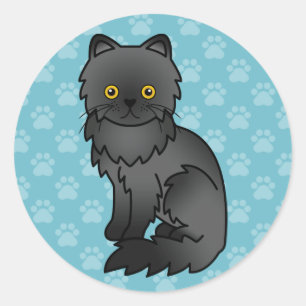 Pegatina Redonda Ilustracion De Gato Persa Negro En Azul