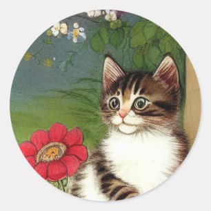 Pegatina Redonda Ilustracion de gato vintage con flores de primaver