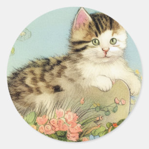 Pegatina Redonda Ilustracion de gato vintage con flores rosas