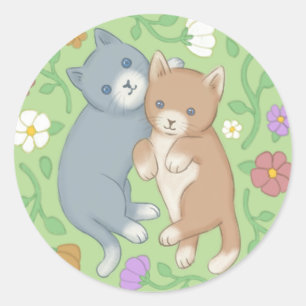 Pegatina Redonda Ilustracion de gatos y flores