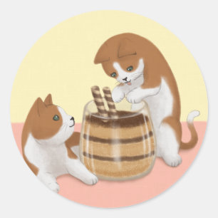 Pegatina Redonda Ilustracion de gatos y postres dulces