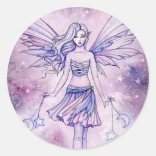 Pegatina Redonda Ilustración de hada azul púrpura linda Astralina