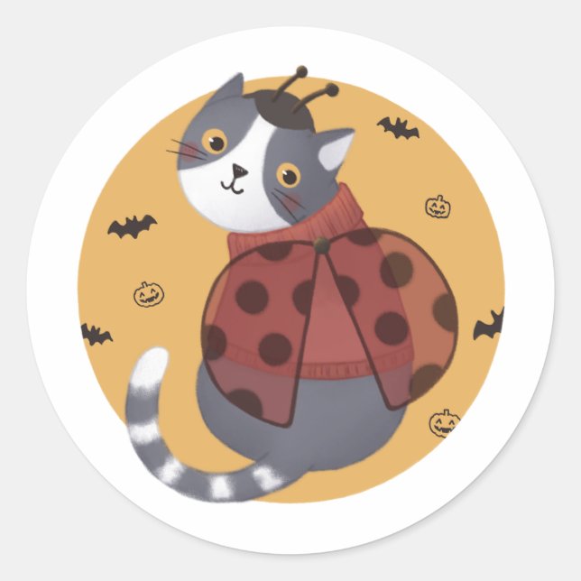 Pegatina Redonda Ilustracion de Halloween: Gato de Bicho Ladybug (Anverso)