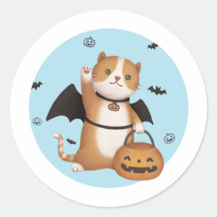 Pegatina Redonda Ilustracion de Halloween: Gato murciélago