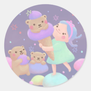 Pegatina Redonda Ilustración de helado de oso dulce