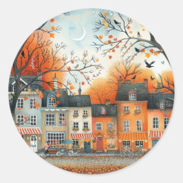 Pegatina Redonda Ilustracion de las casas Naranjas de otoño