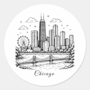 Pegatina Redonda Ilustración de línea negra de Chicago
