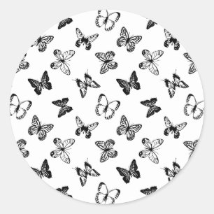 Pegatina Redonda Ilustración de mariposa en blanco y negro en blanc