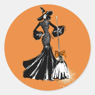 Pegatina Redonda ilustración de moda de halloween con escoba