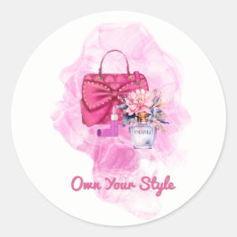 Pegatina Redonda Ilustracion de moda floral de bolso rosa