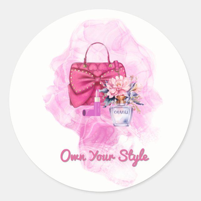 Pegatina Redonda Ilustracion de moda floral de bolso rosa (Anverso)