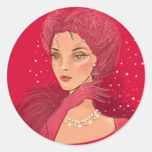 Pegatina Redonda ilustracion de moda mujer elegante con perlas
