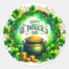 Pegatina Redonda Ilustracion de Monedas de Cauldron Verde Día de Sa