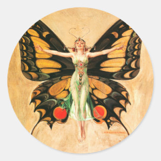 Pegatina Redonda Ilustración de mujer Leyendecker mariposa Flapper