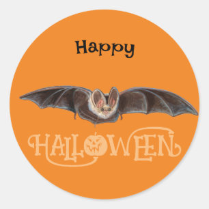 Pegatina Redonda Ilustración de murciélago Pipistrellus Feliz Hallo