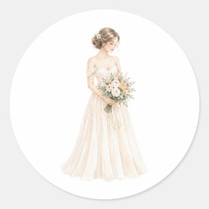 Pegatina Redonda Ilustración de novia con acuarela elegante