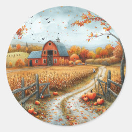 Pegatina Redonda Ilustracion de otoño de un granero rojo rústico