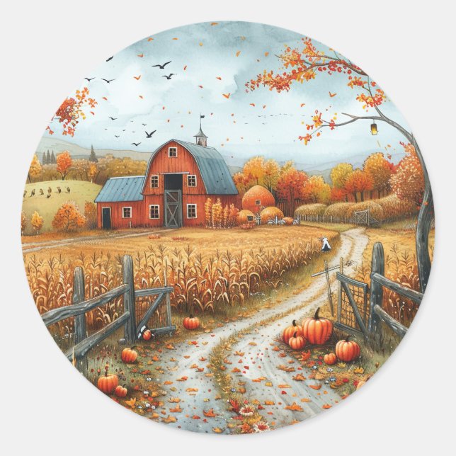 Pegatina Redonda Ilustracion de otoño de un granero rojo rústico (Anverso)
