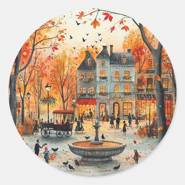 Pegatina Redonda Ilustracion de otoño del parque de la fuente Vinta (Anverso)