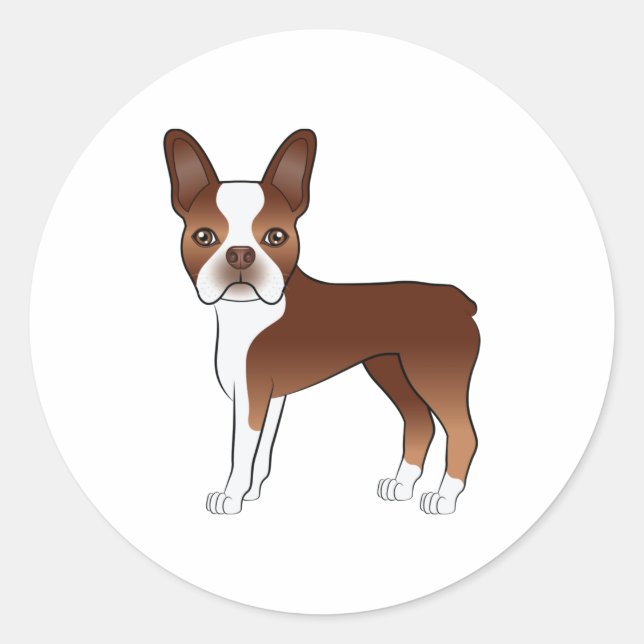 Pegatina Redonda Ilustración de perro Boston Terrier rojo y blanco (Anverso)