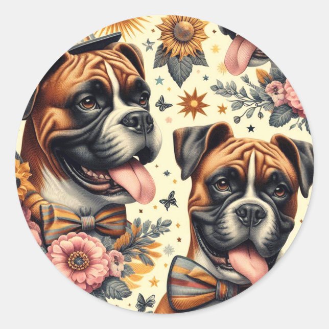 Pegatina Redonda Ilustracion de perro de Boxer Vintage (Anverso)