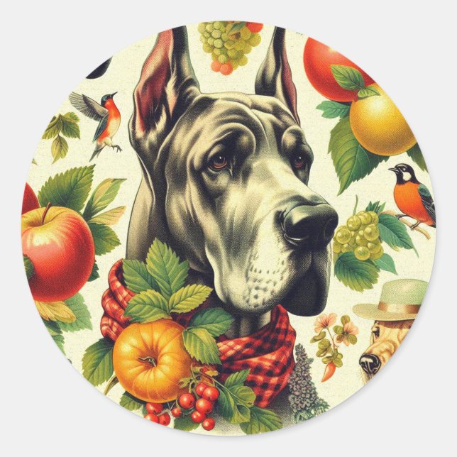 Pegatina Redonda Ilustracion de Perro Grande Dane (Anverso)