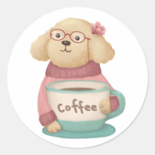 Pegatina Redonda Ilustracion de perro y café
